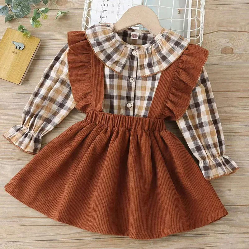 

Children's Clothing Plaid Peter Pan Collar Long Sleeves Shirt + Flying Sleeved Ribbed Overalls Two Piece Suits for Kids Girls