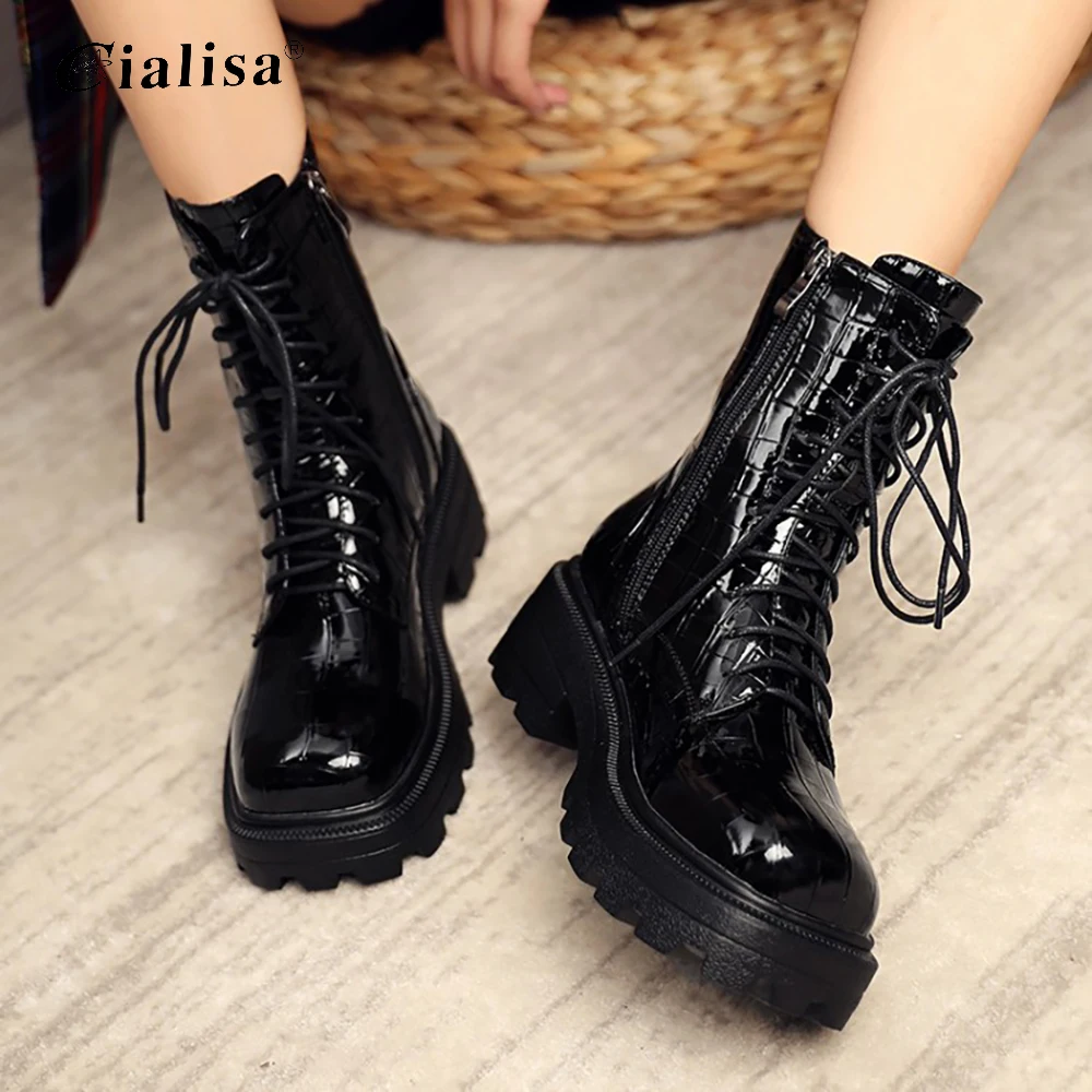 

CIALSIA Women Ankle Boots Platform Leather 2020 Chunky Heels Fashion Women shoes New Lace up Woman Shoes