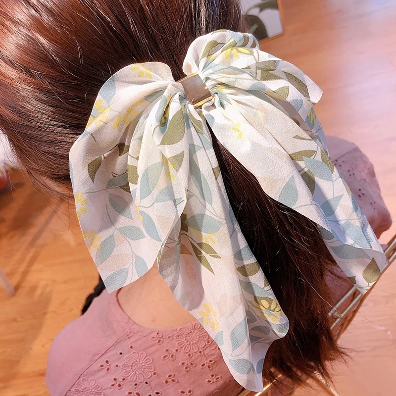 

Sweet Print Chiffon Cloth Oversized Bow Hair Ring Accessories Women Fashion Cute Big Bowknot Hairpins Female Elegant Headwear