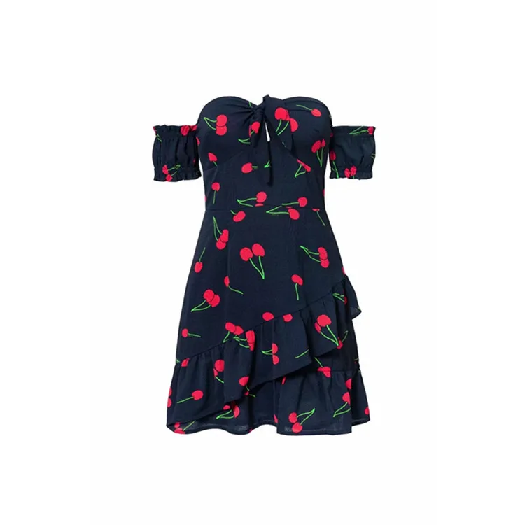 Cherry Printed Skirt Flounced Hanging Shoulder Boob Tube Top Horizontal Neck Dress | Женская одежда