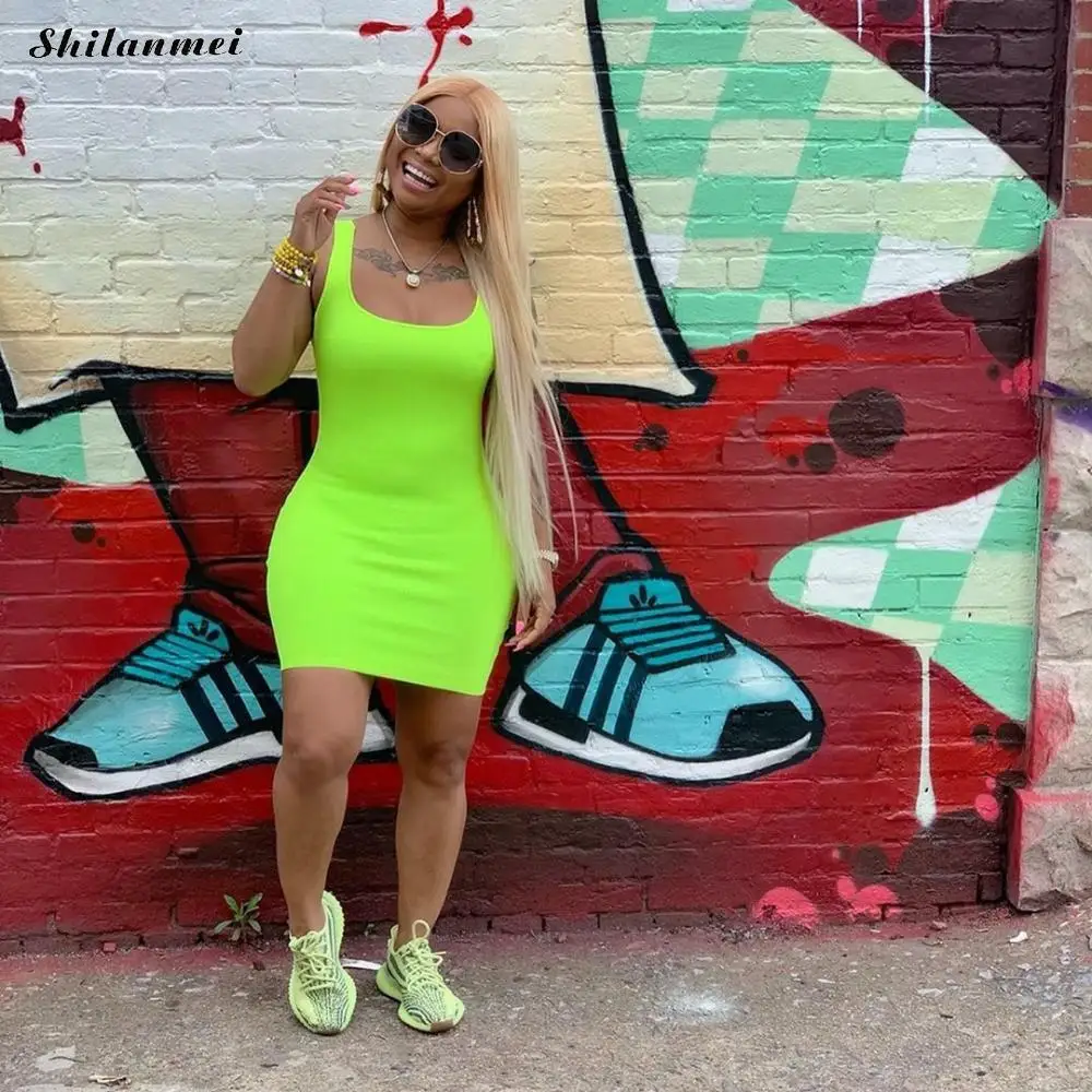 

Sexy Solid Bodycon Dress Women Summer 2020 Fashion Streetwear Tank Dresses Sleeveless Clubwear U Neck Basic Mini Dress Slim 2XL