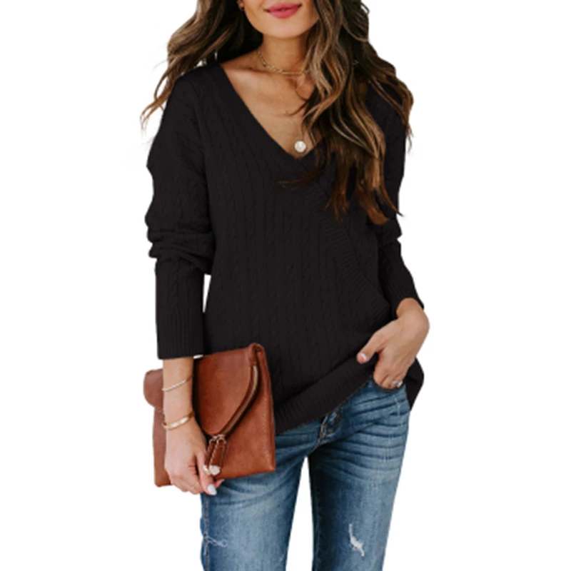 

2020 New Autumn and Winter Women's Fashion Long Sleeve Comfortable Knitted V-Neck Pullovers Criss-Cross Solid Casual Sweater