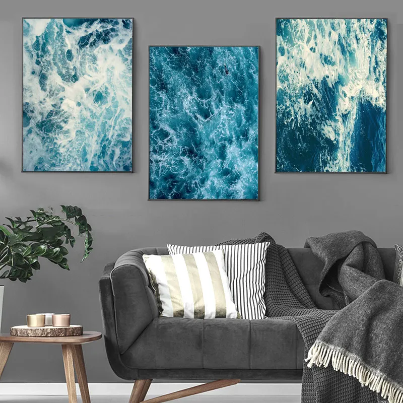 Скандинавская синяя морская вода украшение холст Постер пейзаж стена