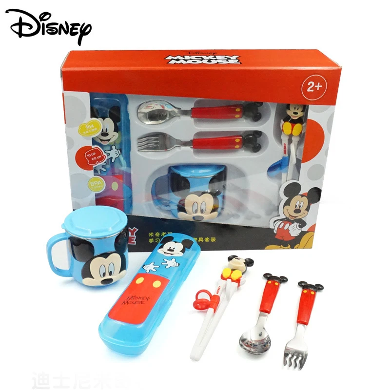

Genuine Disney Stainless Steel Children Mickey Minnie Chopsticks Fork Box Cup Set 5 Piece Cutlery Set