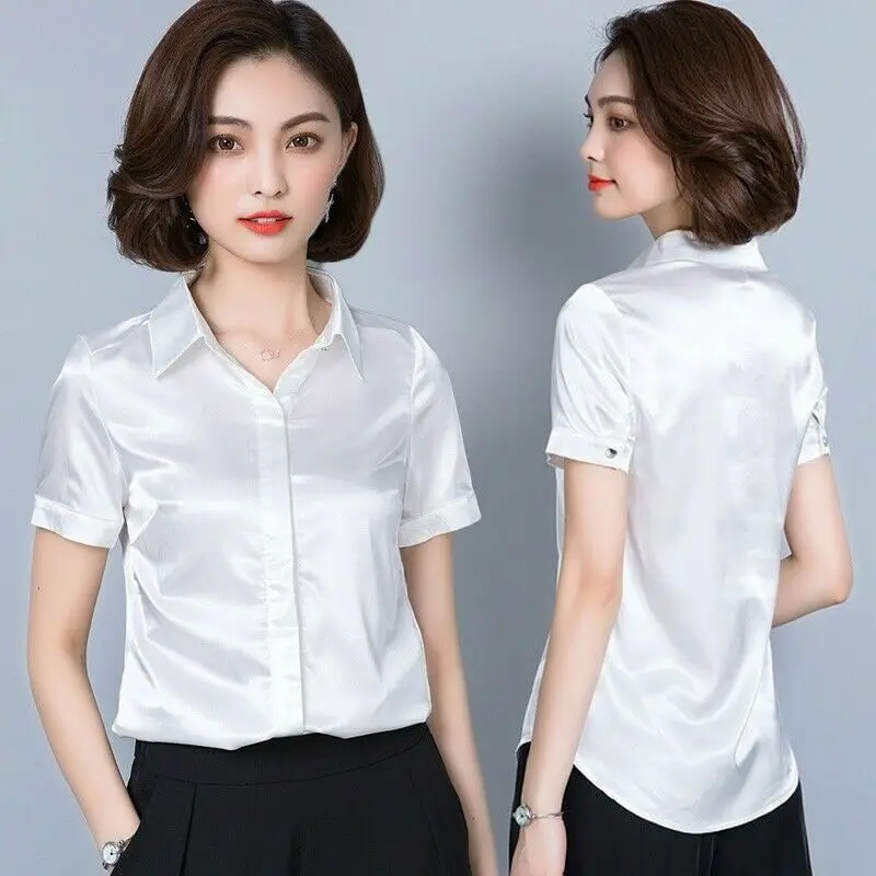 

Women Short Sleeve Blouse Shirt Top Faux Silk Satin Business Formal Shiny
