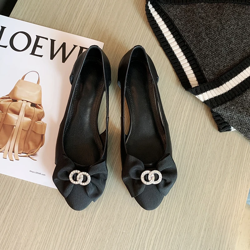 

Women's genuine leather black toe patchwork slip-on flats single shoes bowtie sweet korean style casual daily shoes for women