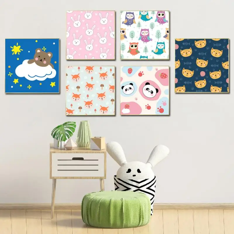 

Cartoon Animals Wall Art Square Poster Nursery Print Bear Panda Bunny Fox Cat Owl Canvas Painting Home Decor For Kids Room Decor