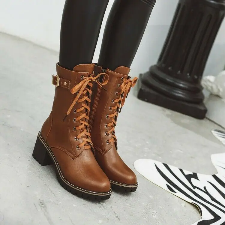 

New Ladies Combat Boots Block Heel Lace up Ankle Boots Motorcycle Shoes Autumn