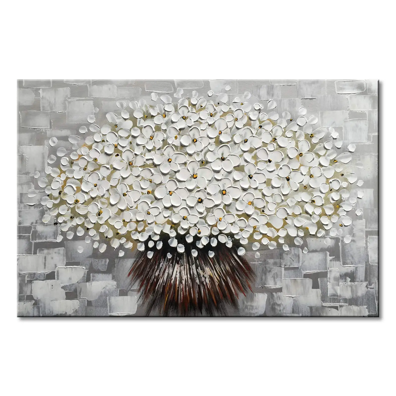 

Hand Painted Textured White Flower Oil Painting Grey Abstract Floral Wall Art Hand Painted Wall Hang Art Artwork Decor No Framed