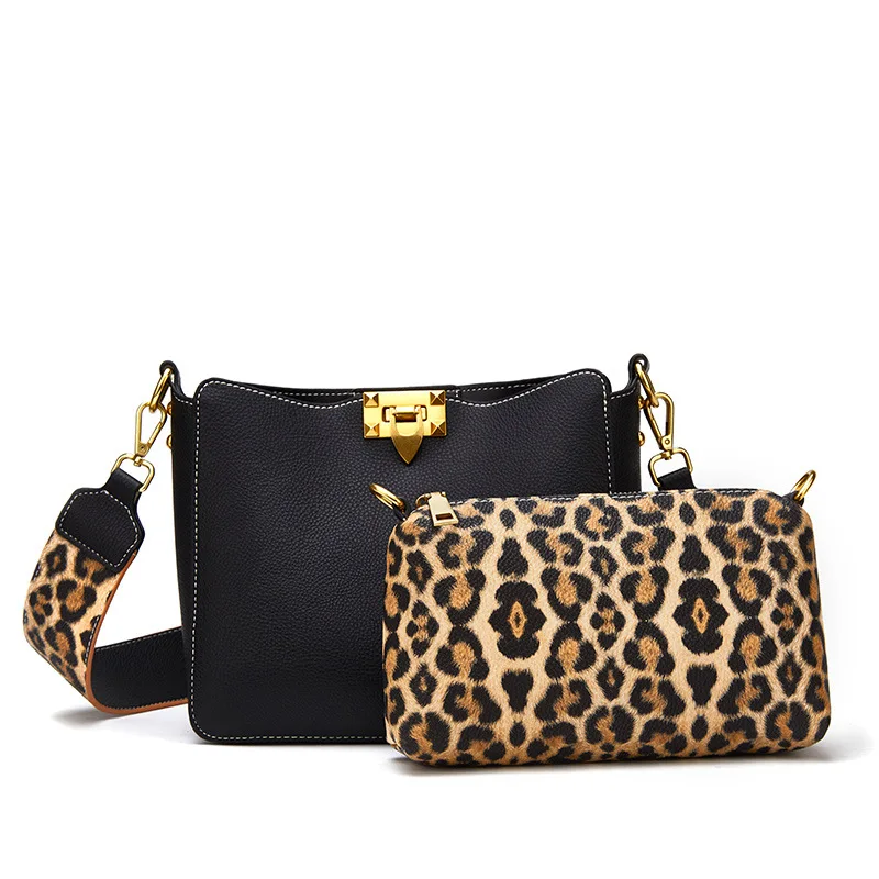 

The New Women's Bags Korean Fashion Bag Leopard Splicing Lady Shoulder Bag Bucket Bag