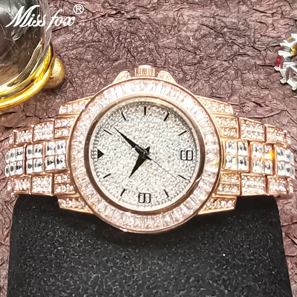 

Hip Hop MISSFOX Men's Quartz Watch Famous Brand Diamond Watch Steel Timepieces Rose Gold Bling Luxury Clocks AAA Designer Watch