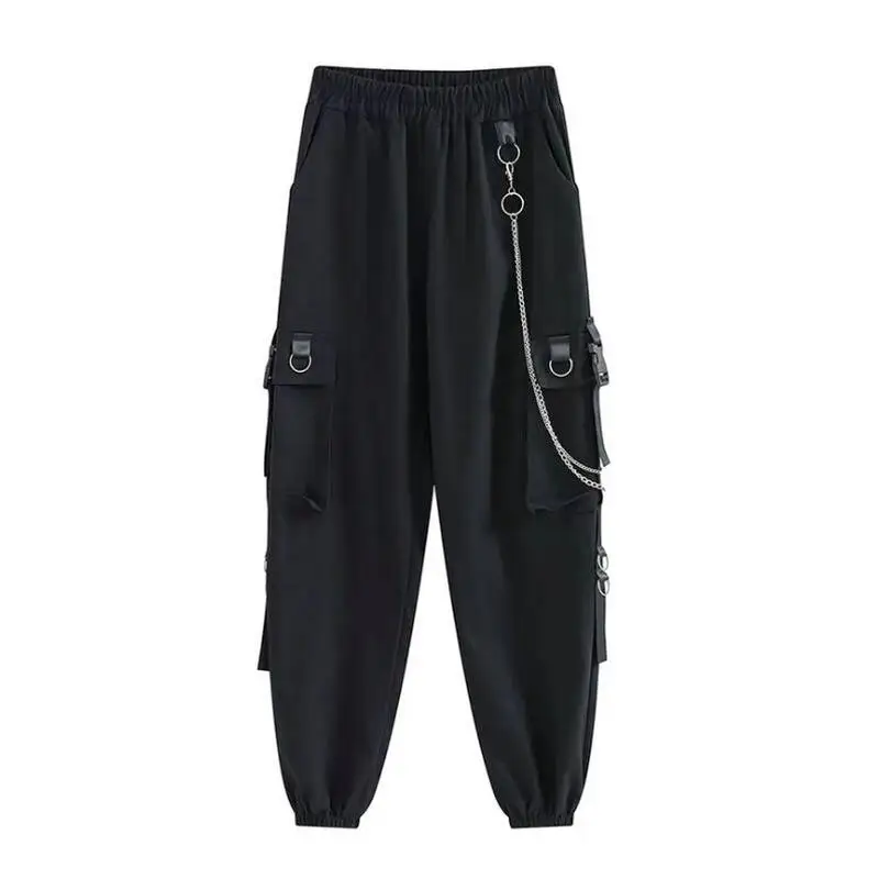 

Women's Cargo Pants Buckle Ribbon Pocket Jogger Elastic Waist High Hip Hop Streetwear Harajuku Pant Chain Females Trousers