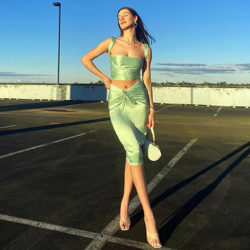 

Casual Y2K Green Bodycon Sexy Midi Dress Elegant Dresses Skirt Suits for Women Outfit Satin Backless Strappy Summer Dress Sets