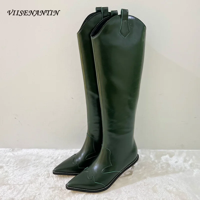 

Прозрачные ковбойские ретро сапоги на танкетке с кристаллами в западном стиле Осень-зима красивые рыцарские сапоги с острым носком на высо...