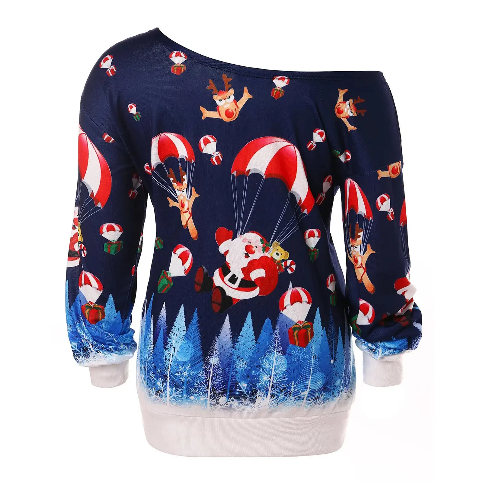 

Fashion Women Merry Christmas 2021 Fashion Sweatshirts Women MSanta Claus PrintedTops Off Shoulder Skew Collar Sweatshirt Blouse