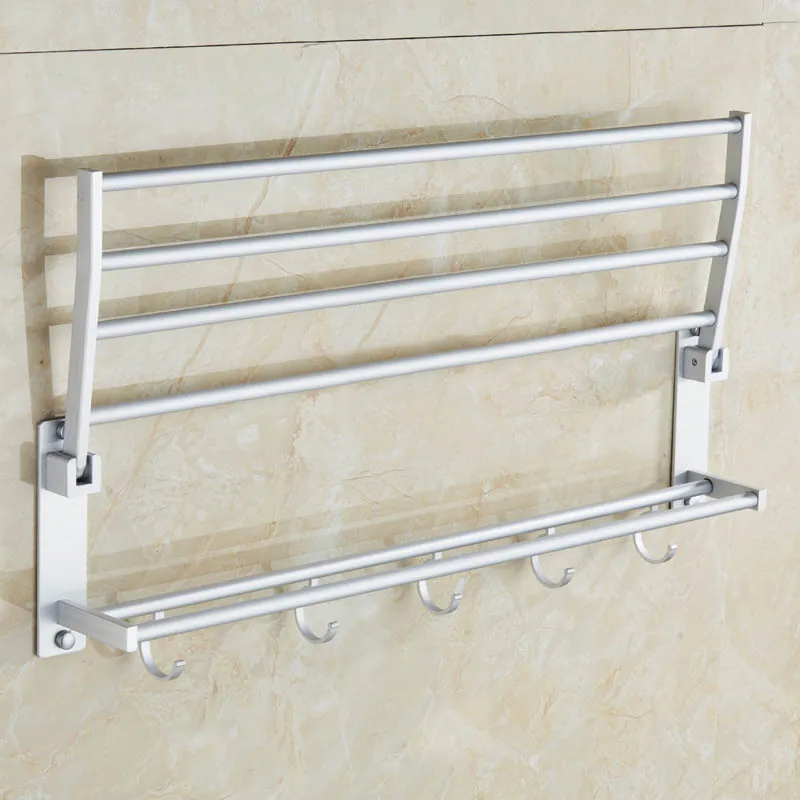 405060cm space aluminum double towel rack with 5 hooks foldable towel kitchen bathroom shelves bathroom accessories free global shipping