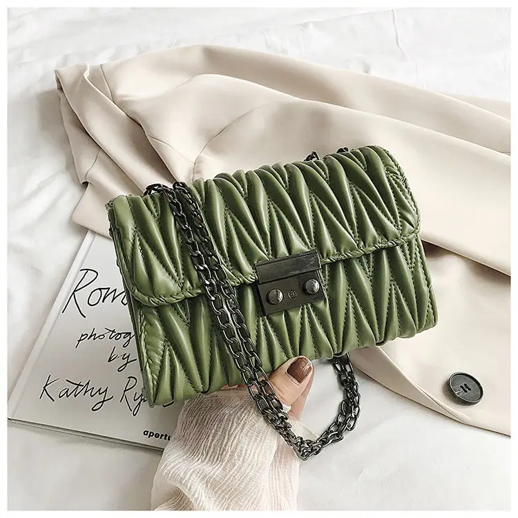 

Women Crossbody Bag Fashion Style Pure Color Handbag Metal Chains Design Pleated Messenger Bag Square Shape Black Shoulder Bag