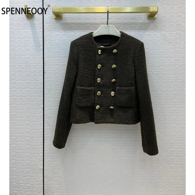 

SPENNEOOY Designer Brand Autumn Fashion Office Lady Tweed Overcoat Outwear Women Long Sleeve Double Breasted Jackets Coat