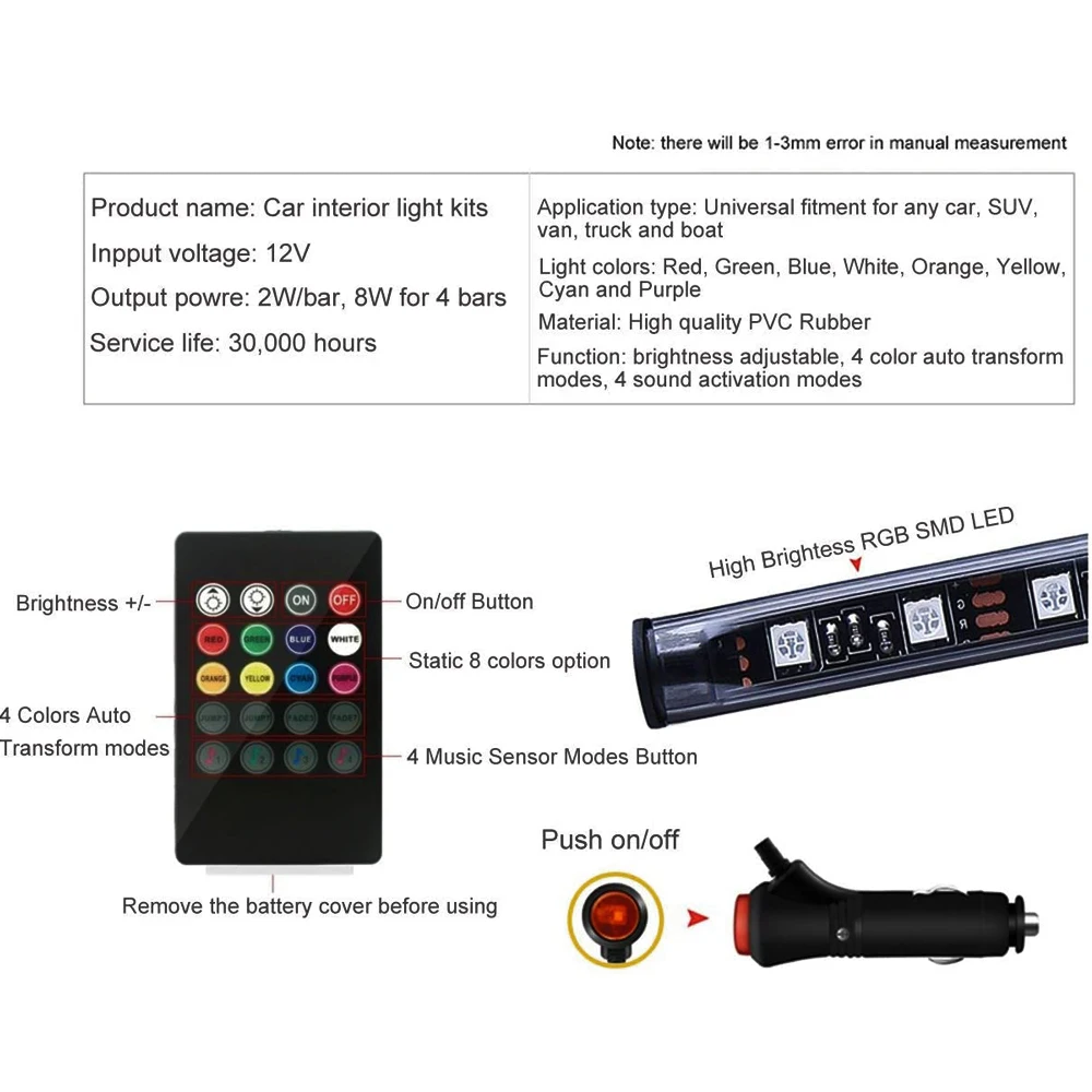 

LED Car Lights Led Strips 4pcs 8 Color RGB 48 LED Ambient Lamp Ribbon Leds For With Remote Auto Interior Decorative Lights USB