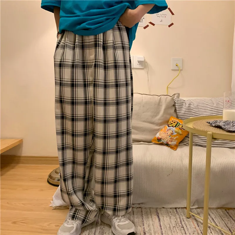 

Women's summer Korean retro casual high-waist loose straight-leg sports plaid pants