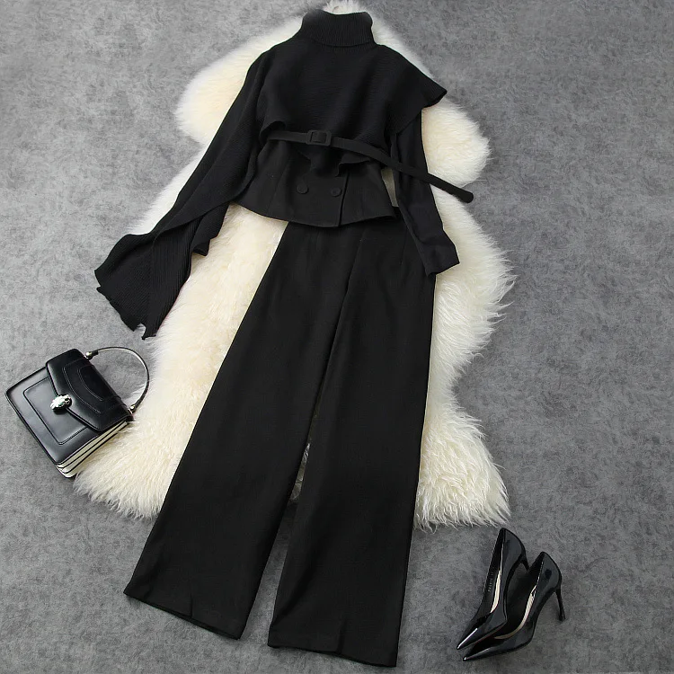 

European and American women's wear 2020 winter new style Knitting cloak Long sleeve fleece trousers Fashionable three-piece