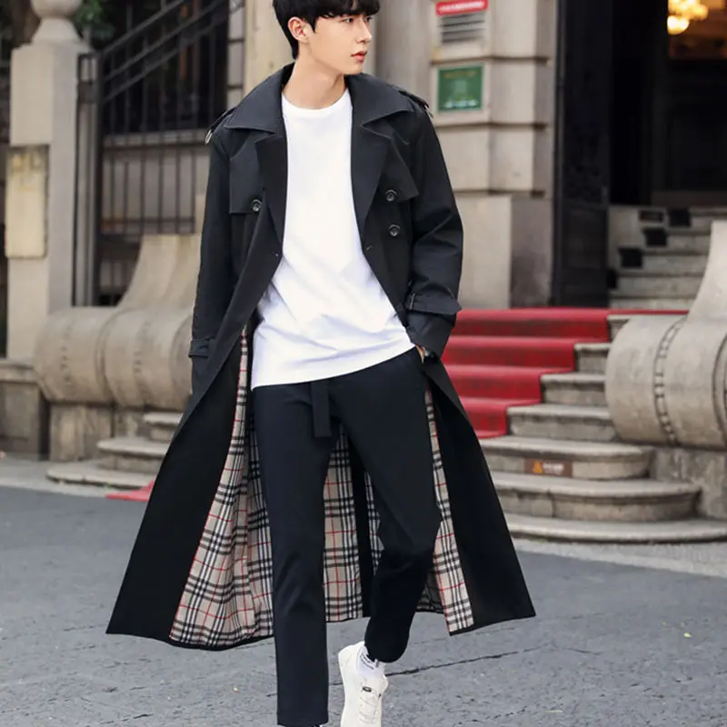 

Windbreaker men's long trend British style coat long coat spring and autumn handsome over the knee autumn men's windbreaker
