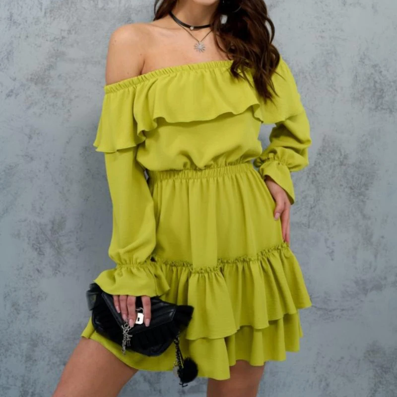 

Women Long-Sleeved Dress Ruffle One-Line Neck Elastic Waist Ladies Short Dresses Summer New Outdoor Beach Casual Female Dress