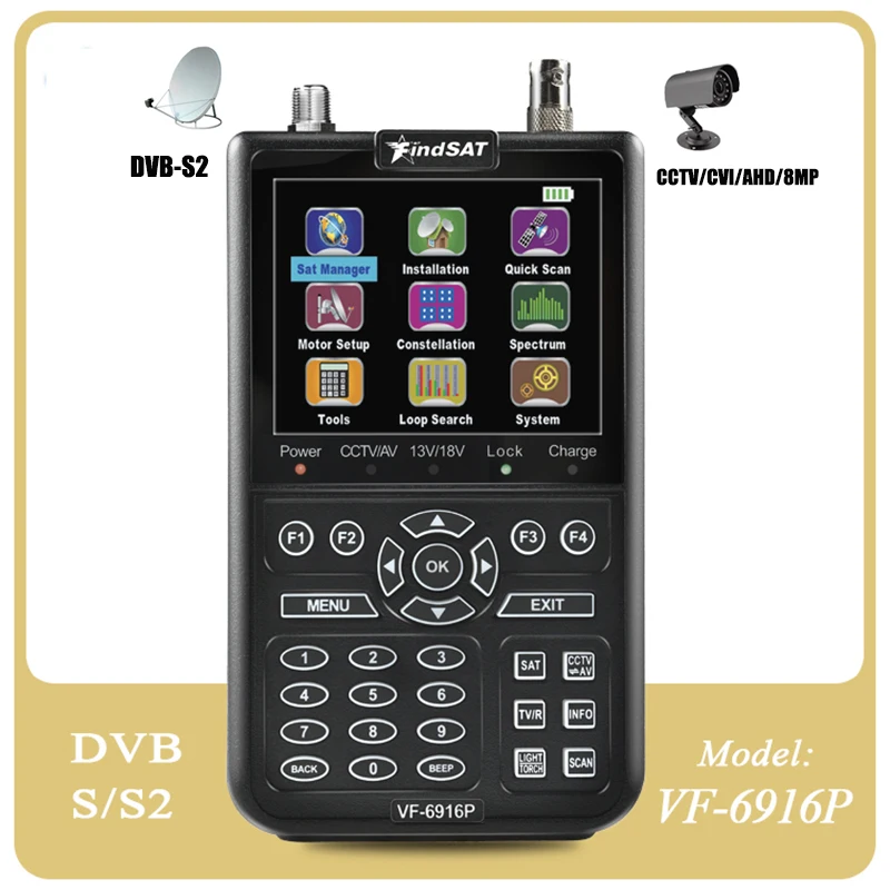 

Цифровой HD-измеритель для спутникового ресивера VF-6900 Satellite finder 1080P HD,DVBS/S2 Satfinder Handhel Meter CCTV AHD 8MP Sat Finde