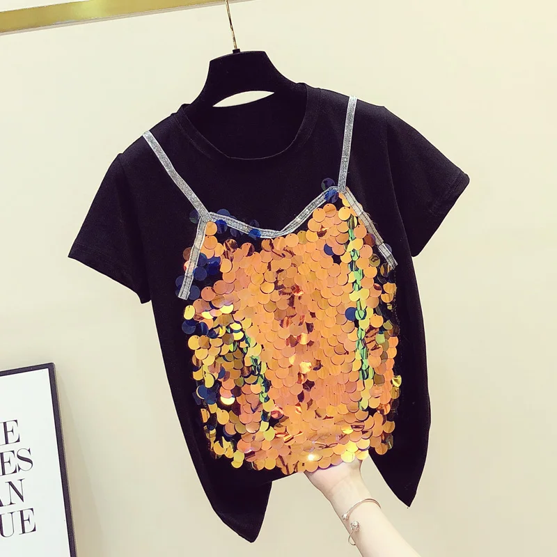 Футболка женская с коротким рукавом повседневный топ блестками круглым вырезом