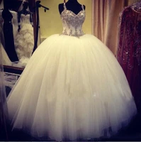 2015 romantic tulle backless wedding dresses sexy spaghetti straps shiny bridal gowns sequins crystals puffy wedding gowns