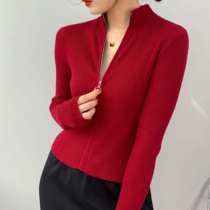 

Autumn Elegant High Neck Zipper Knitted Sweater Women Solid Basic Cropped Cardigan Winter Fashion Clothing 2022 Korean Slim Tops