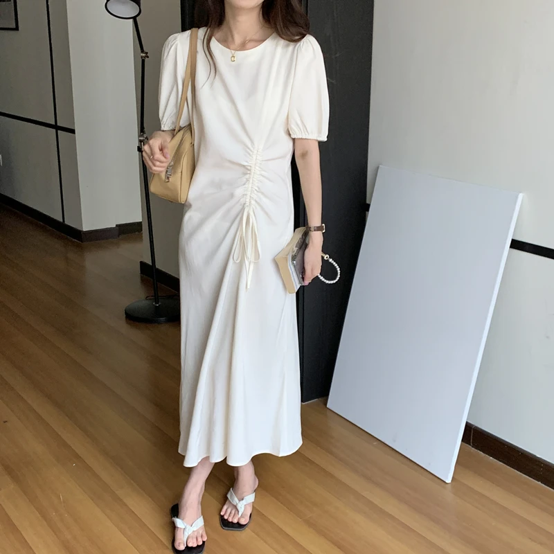 

Skirt Female Summer Drawstring Waist Chic Dress Reveals White Niche Design Folds Pure Color Fashion Casual Beach Style