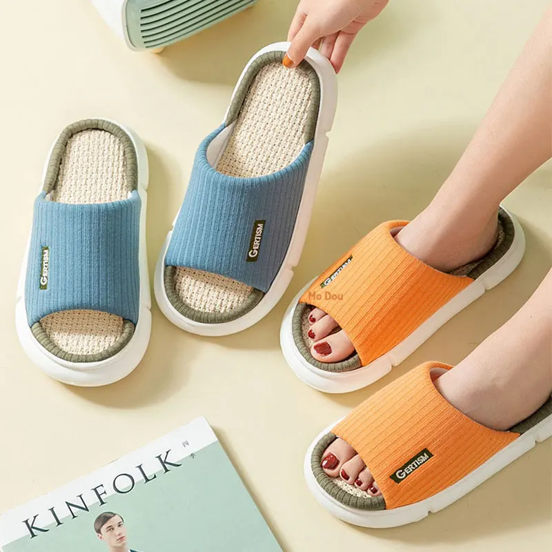 mo dou new springautumn women slippers men cotton hemp flip flops house indoor soft eva concise strip couples shoes bedroom free global shipping