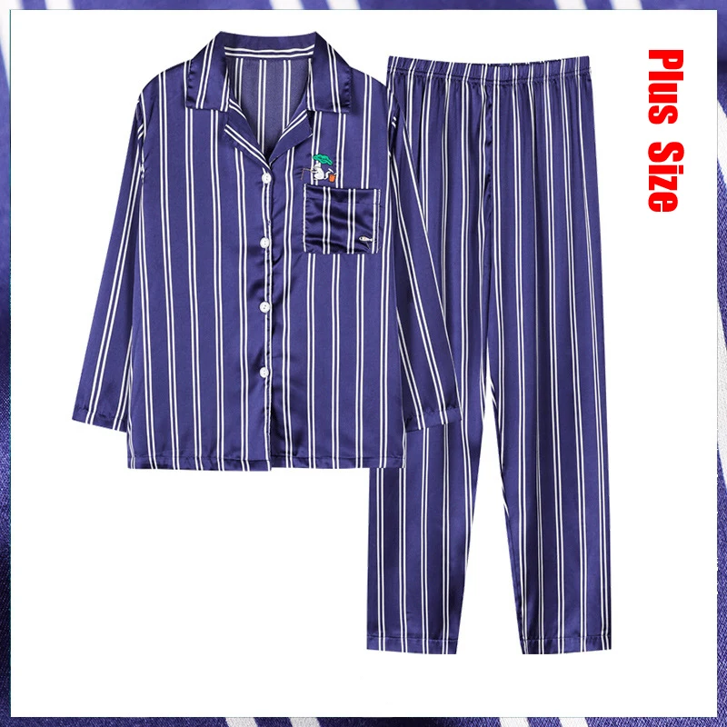 

Xfhh 2022 New Plus Size Pijama Set Men Nightie Sleepwear Strip Print Pajamas Girl Winter Satin Suit Pyjama Female Suit Outfits