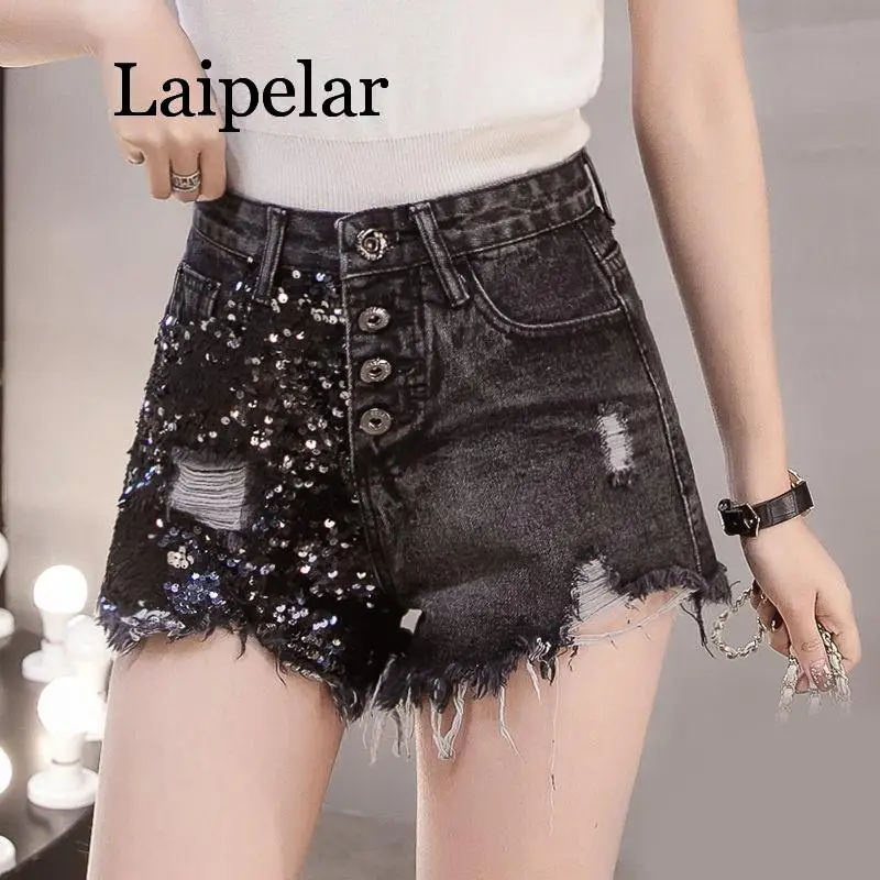 

Женские джинсовые шорты с блестками, винтажные мягкие джинсовые шорты с высокой талией, дырками и бахромой, свободная уличная одежда на одн...