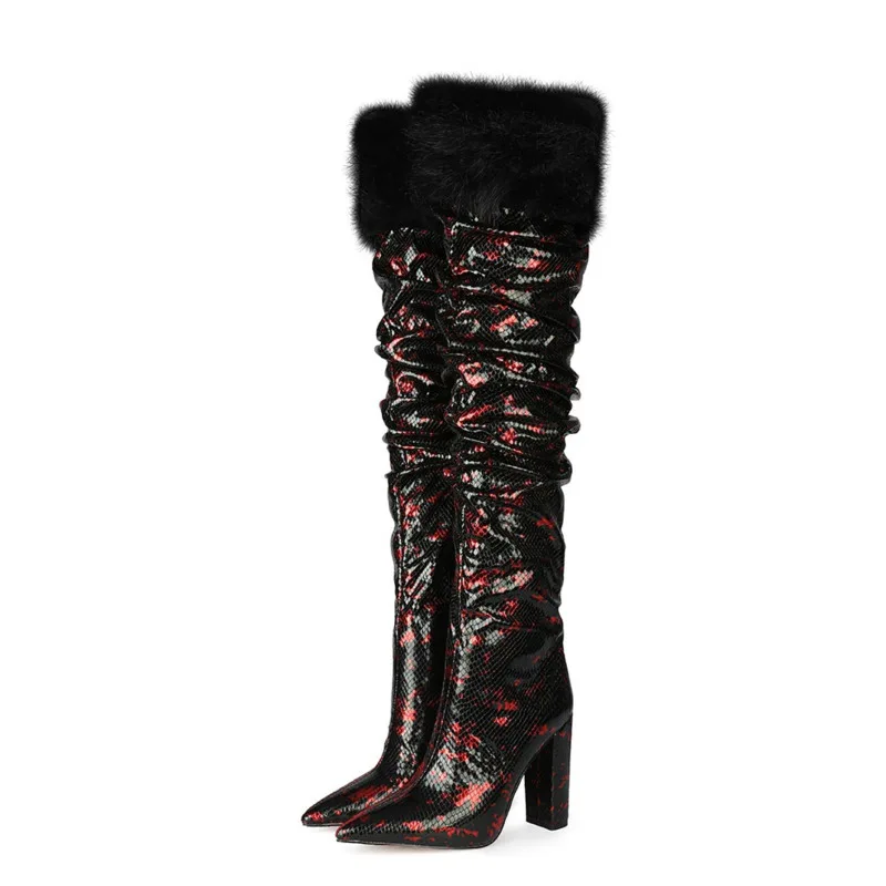 

Sexy Pointed Toe Sequins Thick Heel Woman Shoes Patent Leather Knee High Boots Autumn Winter Mixed Color Fur Women's Party Shoes
