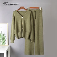 hirsionsan 2 pieces knitted sets women tracksuit v neck cardigan high waist pants loose soft chic knitted sweater outwear lady