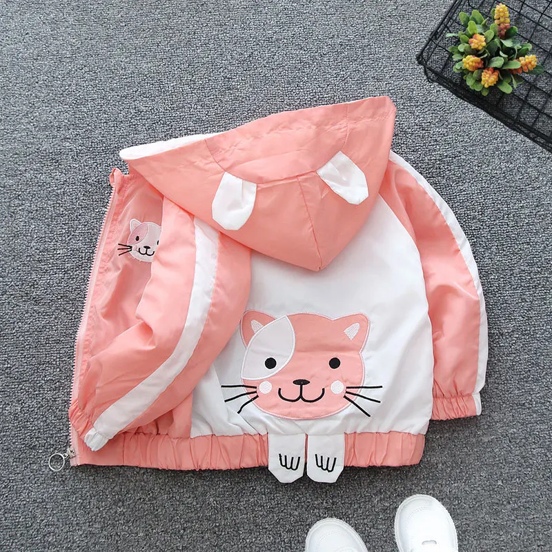 

Spring Autumn Girls Boys Jacket Cute Cartoon Cat Thin Hooded Jacket Baby Kids Children Coat