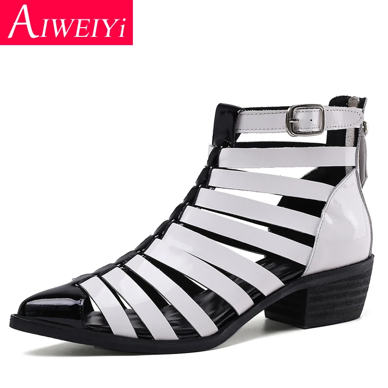 

White Red Woman Summer Boots Pointed toe Med Heels Platform Shoes Patent Leather Ankle Boots Back Zip Comfortable Shoes Woman
