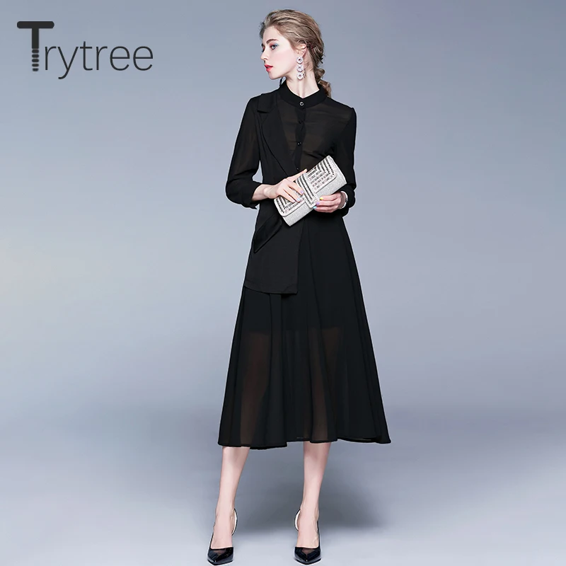 Trytree 2020 весеннее женское платье повседневное лоскутное с воротником-стойкой и