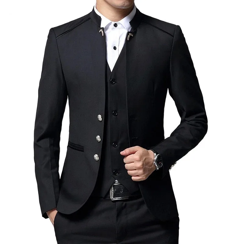 

Latest Tailored High Quality Black Single Breasted Stand Up Collar Slim Fit 3 Pieces Suit Set Groom's Wedding Party Formal Dress