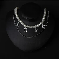 2020 vintage sexy double chains rhinestone love letter pendant imitation pearl choker necklace clavicle collar jewlry for women