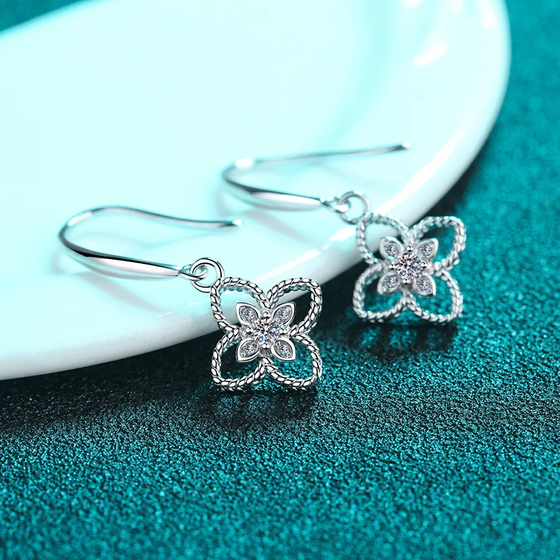 

925 стерлингового серебра Муассанит прошел Diamond тесты драгоценными камнями серьги-подвески с цветочным украшением из серьги крючки, станок и...