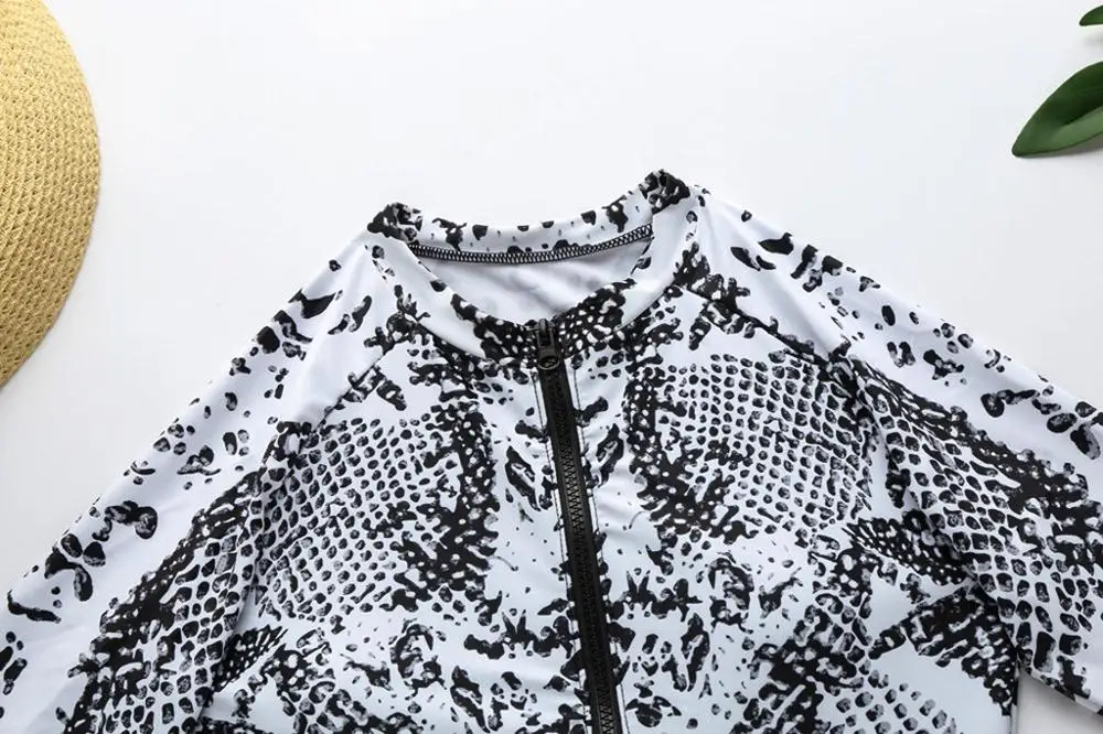 Купальник цельный с принтом леопарда для женщин с молнией на всю длину и рукавами до запястья, высокой эластичности, в виде боди-топа, летний купальный костюм №40.