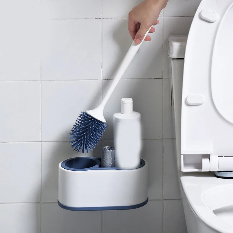 

HOT sale Toilet Brush Water Leak Proof With base Silicone Wc Flat Head Flexible Soft Bristles Brush with Quick Drying Holder Set