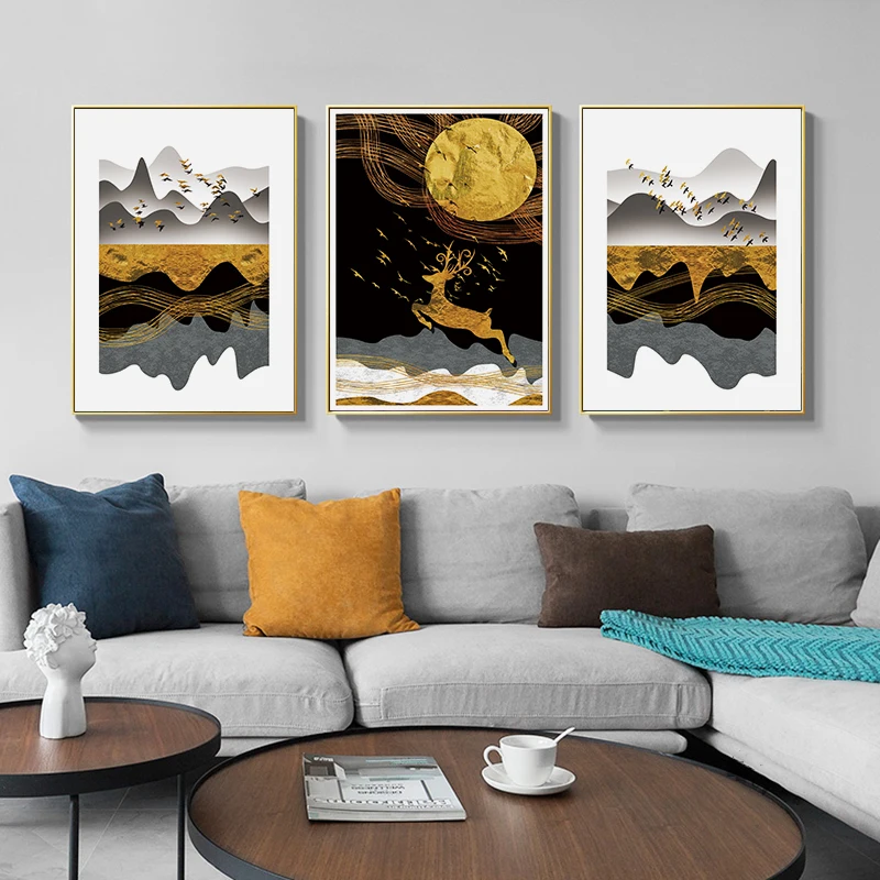 С золотым оленем птицы скандинавские постер с ландшафтом Абстрактная Картина на