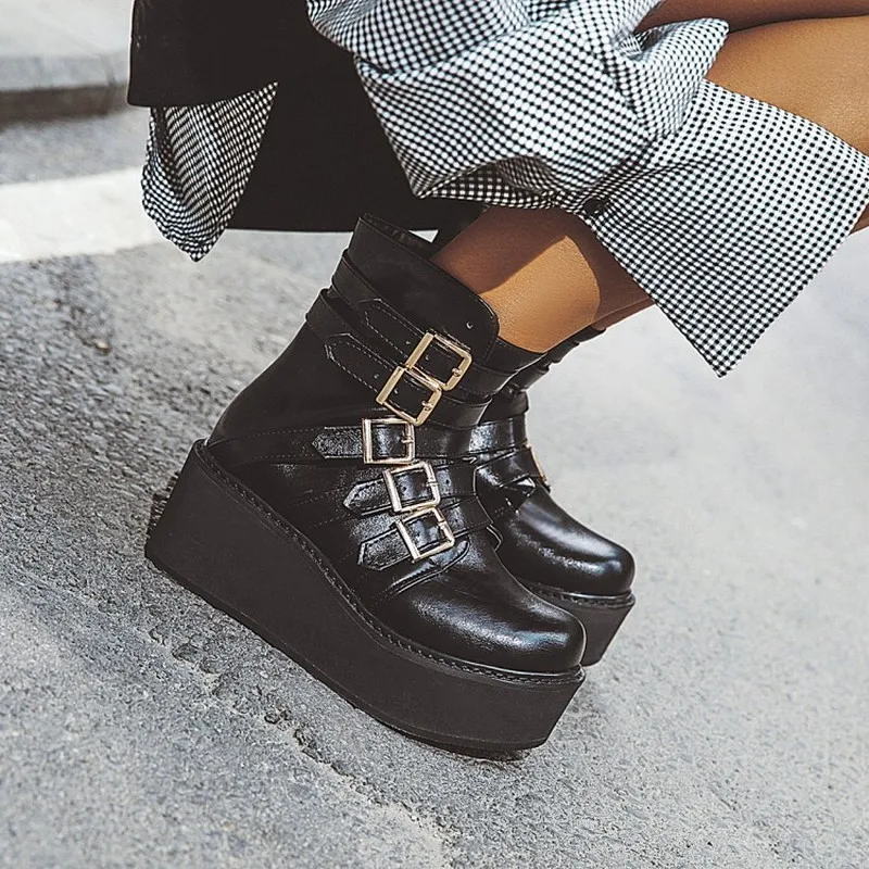 US4-13 женские ботильоны с круглым носком на платформах ремешками и пряжкой обувь в