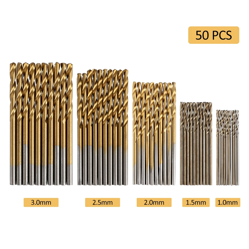 

50Pcs Titanium Coated Drill Bits 1/1.5/2/2.5/3mm High Speed Steel Drill Bits Set Power Drilling Woodworking Tool