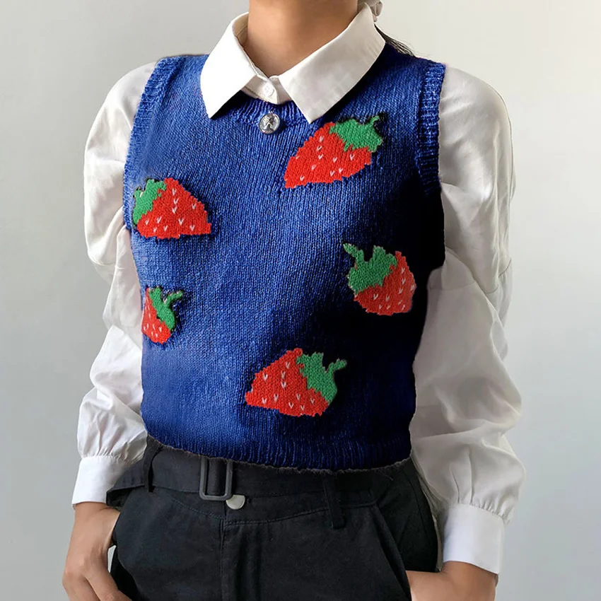 

Knit Strawberry Vest Women Sleeveless Sweater Autumn Cotton Vintage Female Pullover Korean Casual Streetwear Women Sweater 2020
