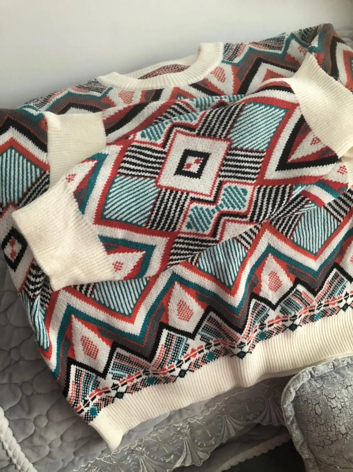 Свитер женский трикотажный в стиле ретро с геометрическим узором свободный